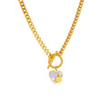 18K Gold Cuba Chain Stainless Steel OT Buckle White Shell Double Heart Pendant Chain Necklace for Valentine's Day Gift