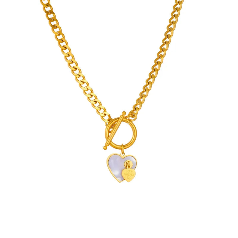 18K Gold Cuba Chain Stainless Steel OT Buckle White Shell Double Heart Pendant Chain Necklace for Valentine's Day Gift