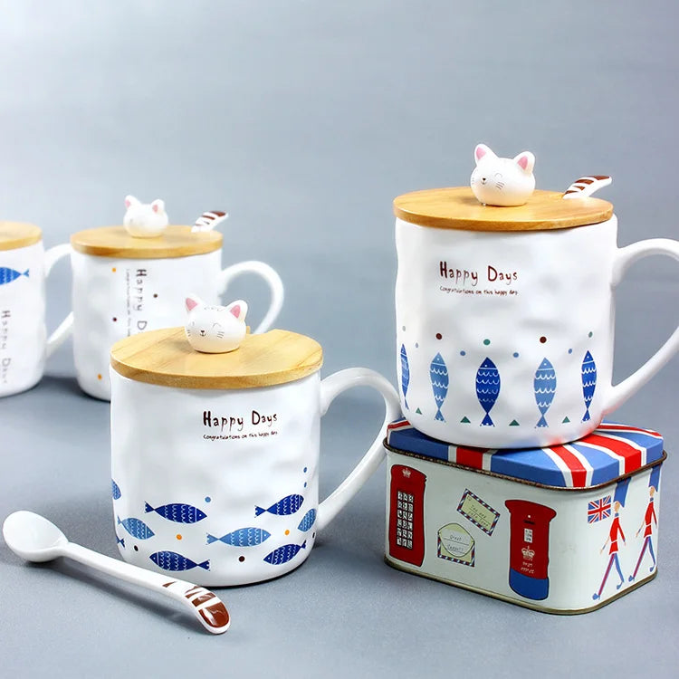 Japanese 3D Home Creative Cat and Fish Ceramic Coffee Mug Children Cartoon Breakfast Milk Mug with Lid Spoon