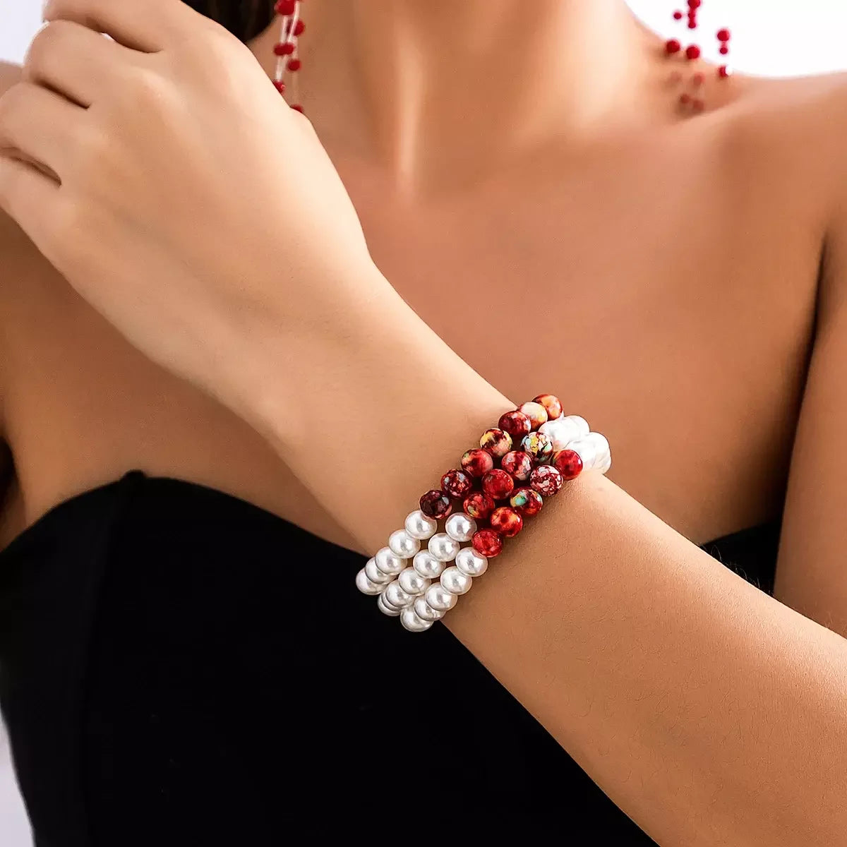 SHIXIN Multilayer White Pearl Bracelet Women Trendy Red Acrylic Bead Necklace Punk Jewelry Gifts Party Girls Bracelet Earring