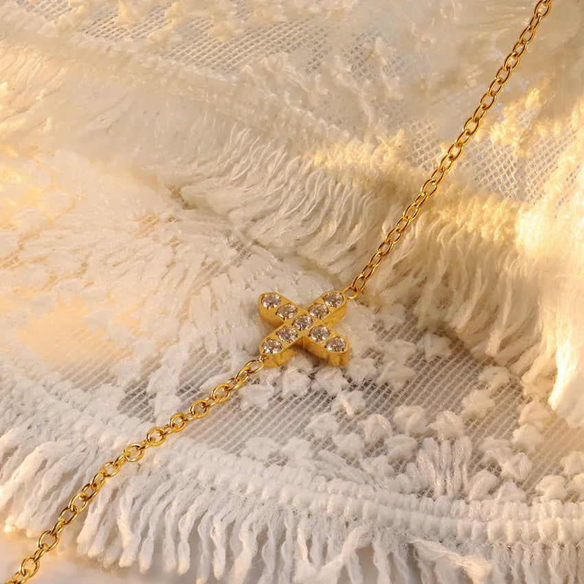 Trendy 18K Gold Plated Adjustable Chain Bracelet Women Stainless Steel Zircon Cross Charm Bracelet