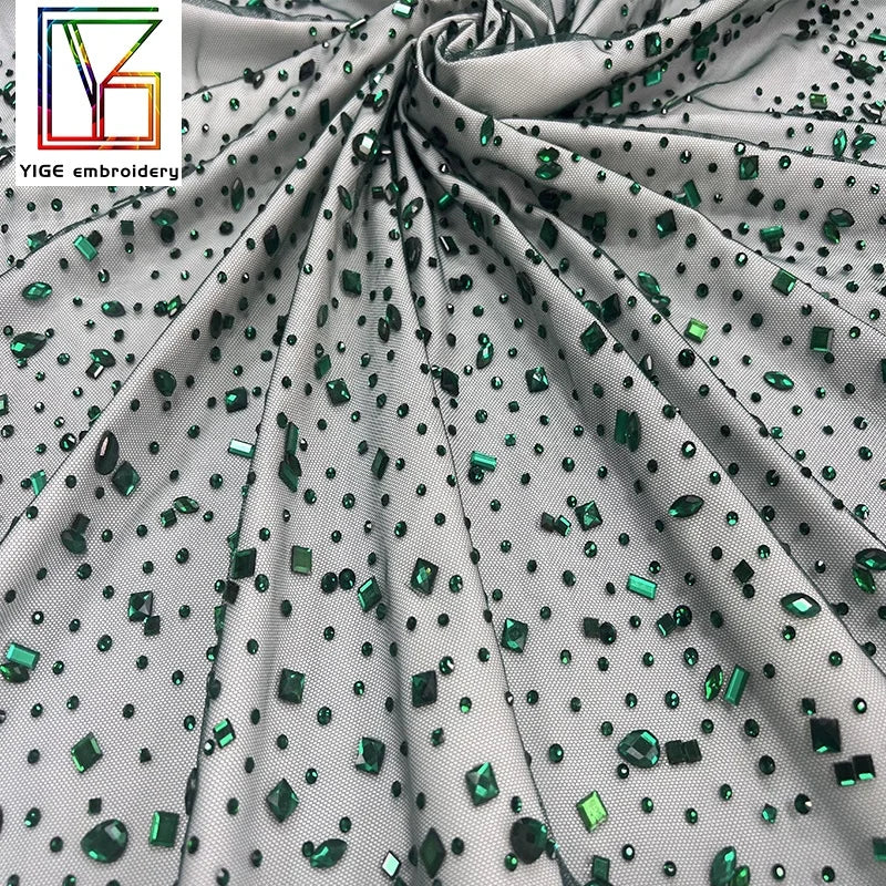Luxury Highest Quality African Sparking Green Crystal Stones Lace for Evening Dress Wedding Swarovski Crystal Lace Fabric