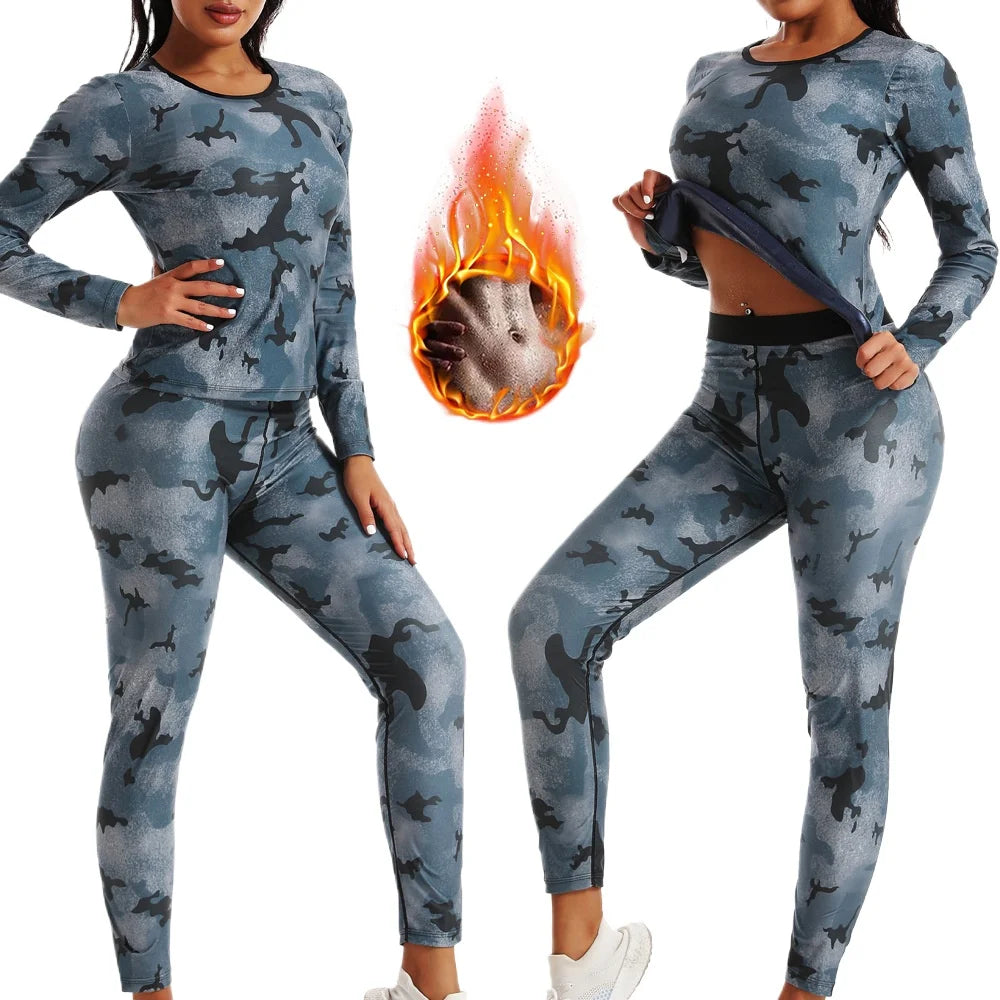 Women's High-waisted Tummy Sauna Sweatpants Fitness Running Sweatwear Round Neck Long Sleeved Trousers Camouflage Tracksuit