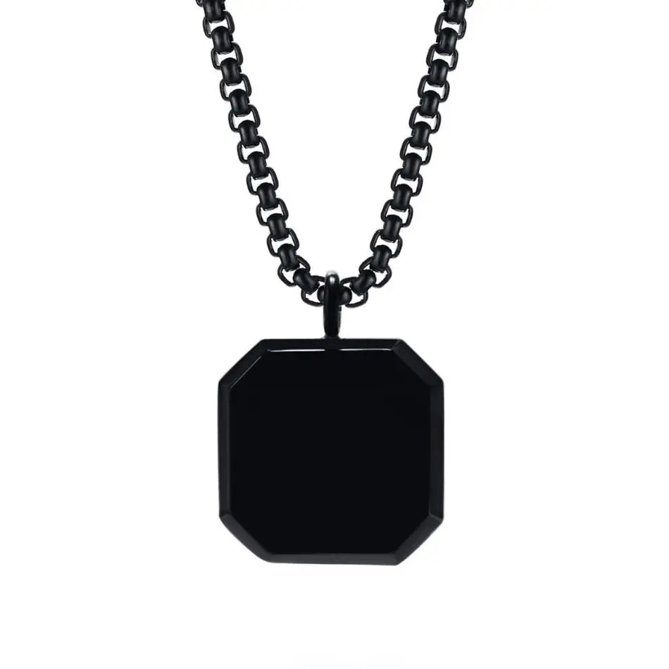 High Polished Stainless Steel Black Onyx Square NecklaceFashionable 25 Inch Round Box Chain Onyx Stone Necklace for Man