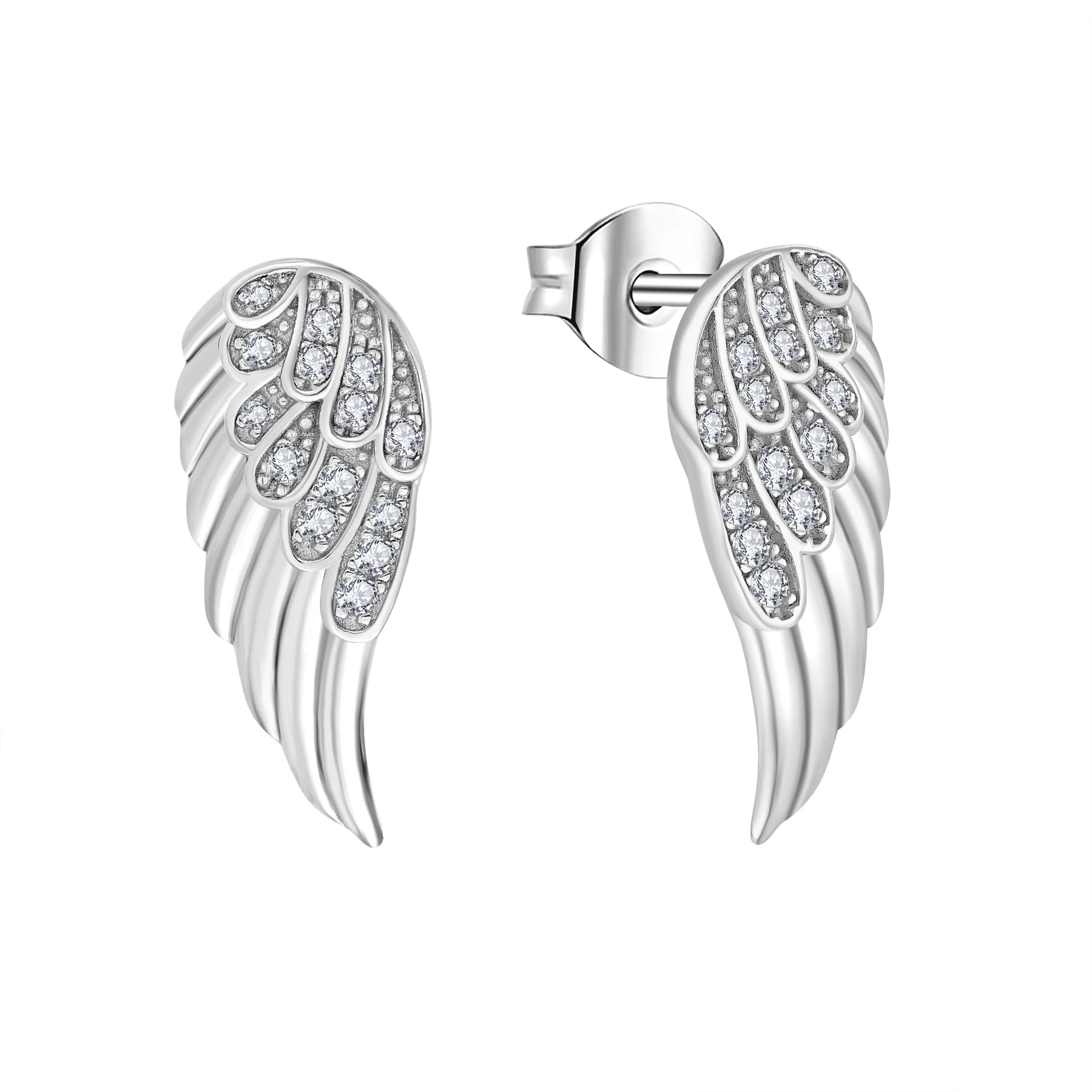 925 Sterling Silver Angel Wing Stud Earrings for Women Clear CZ Pave Inlay Religious Charm Jewelry Rhodium Plated Hypoallergenic