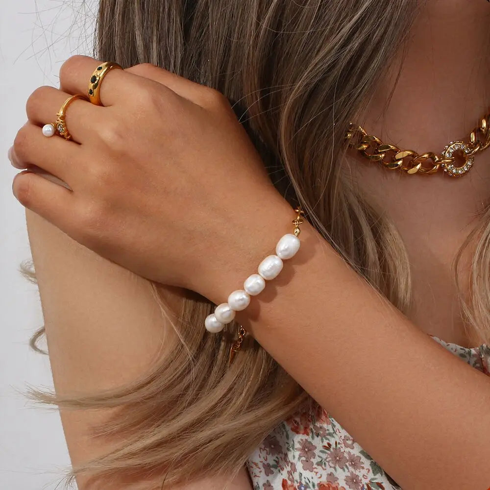 Wholesale 18K Gold Plated Stainless Steel Paperclip Chain Bracelet Freshwater Pearl Fashionable Adjustable Jewelry for Women