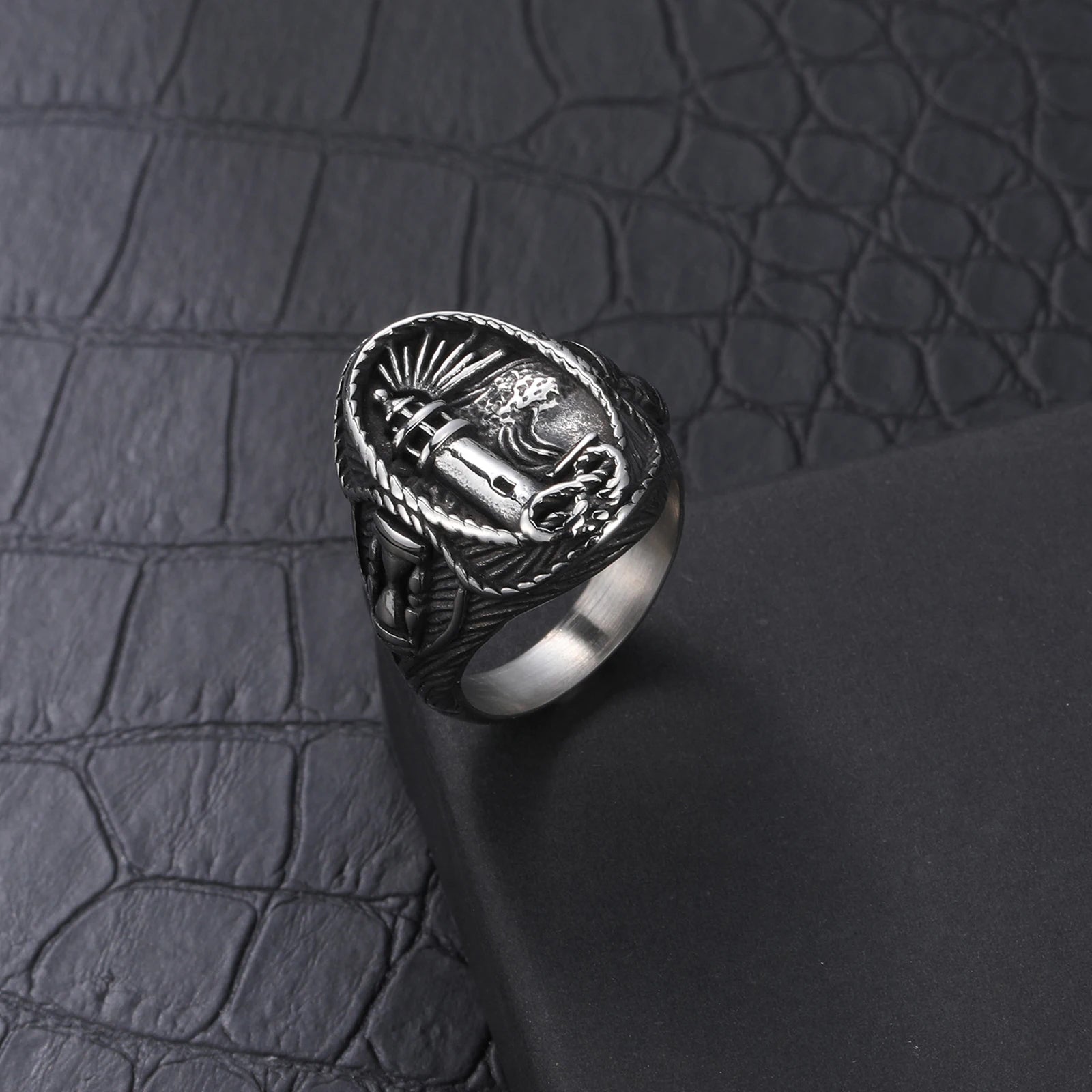 Wholesale Men's Stainless Steel Ring Punk Biker Nautical Lighthouse Jewelry Ring