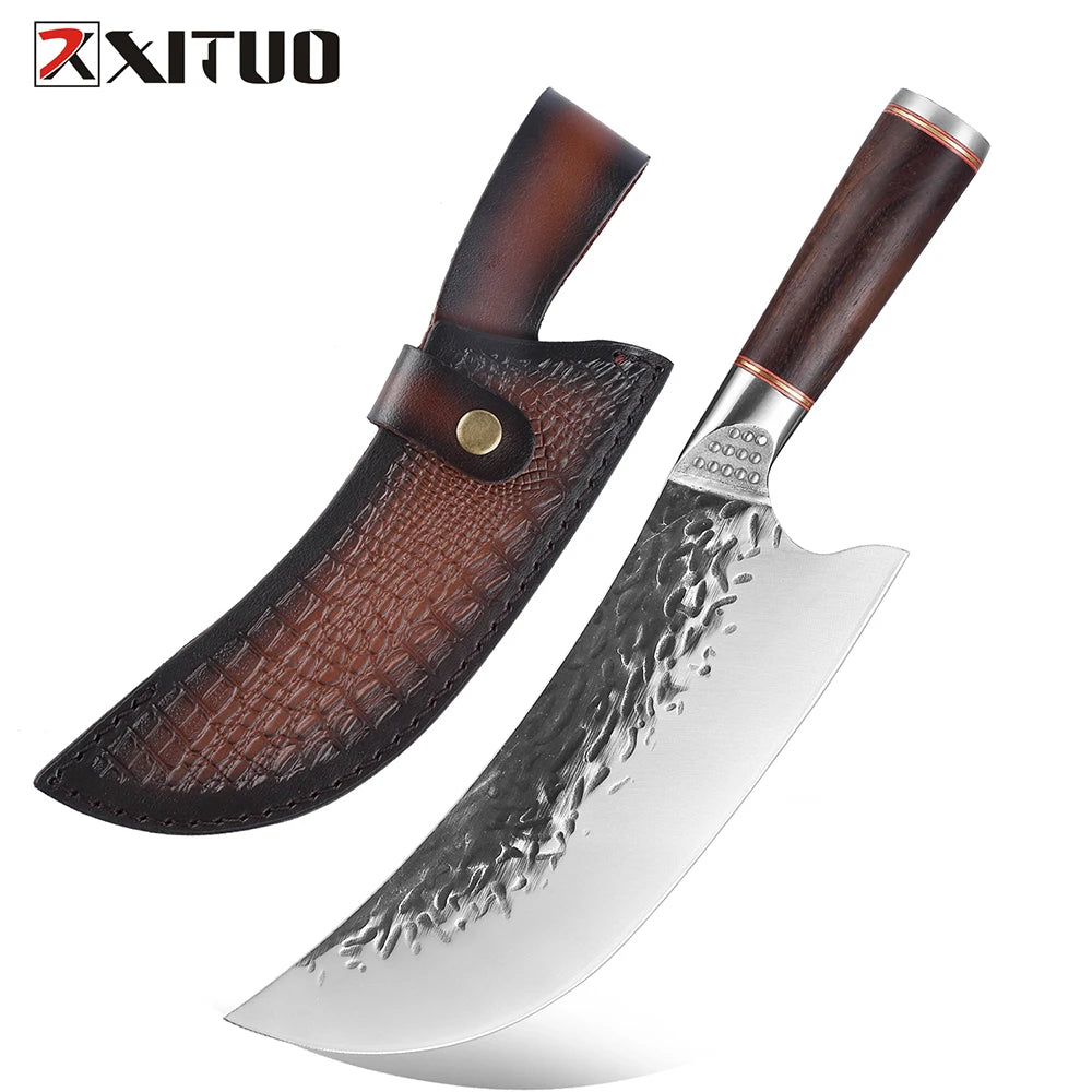 XITUO 8 Inch Butcher Knife High Carbon Steel Handmade Forging Kitchen Hunting Cooking Knives Custom logo With Leather Sheath