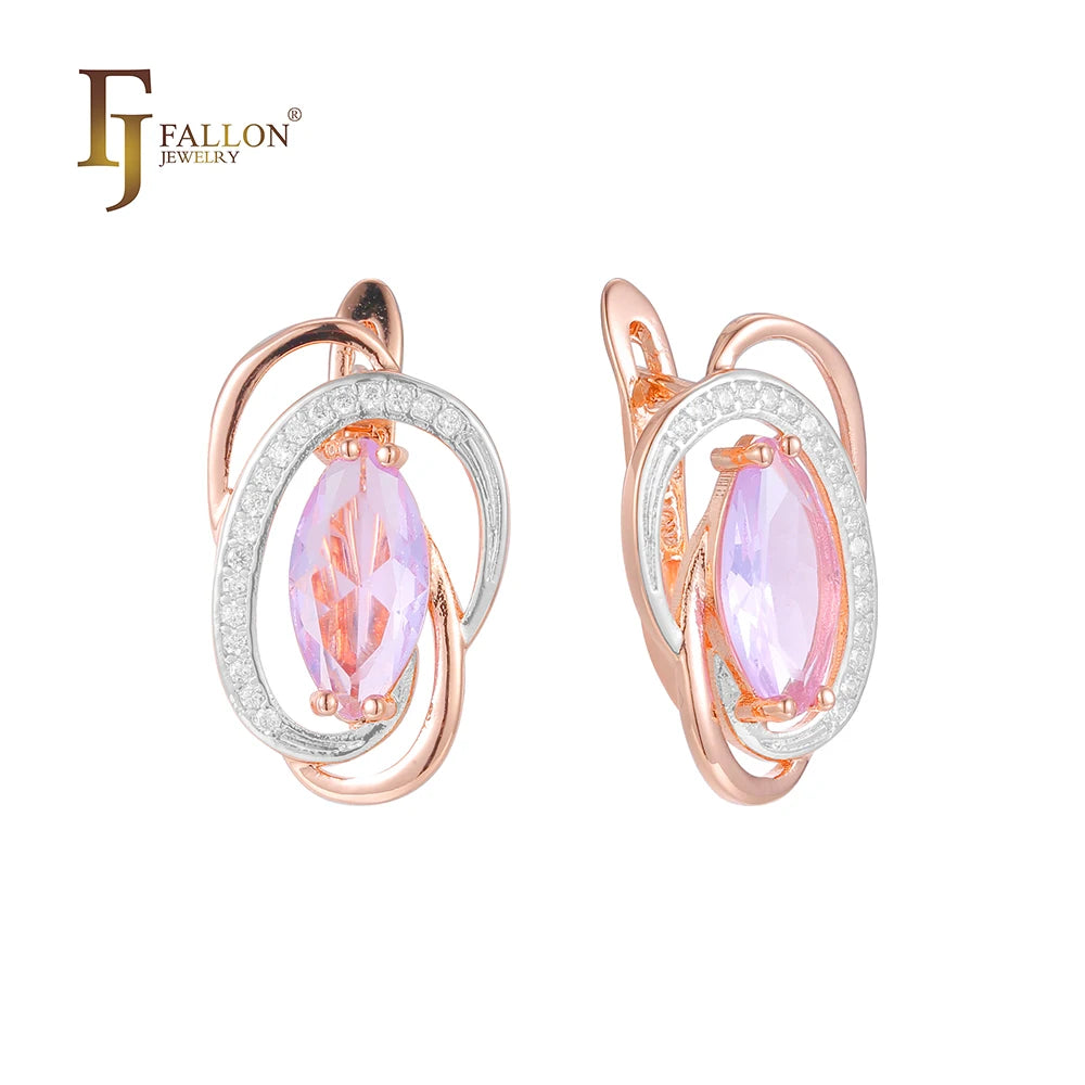 FJ Fallon Fashion Jewelry Solitaire Marquise Purple Pink CZ Earrings Plated in 585 Rose Gold Two Tone Brass Based