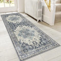 Center Blue 2x6ft Runner Rugs Machine Washable Low Pile Wear Resistance Soft Print Vintage Retro Style Home Entryway Corridor