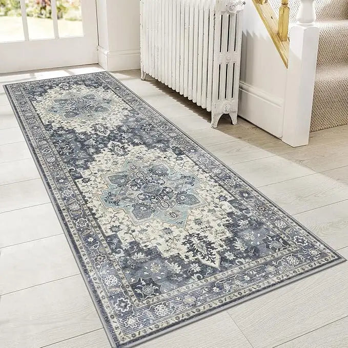 Center Blue 2x6ft Runner Rugs Machine Washable Low Pile Wear Resistance Soft Print Vintage Retro Style Home Entryway Corridor