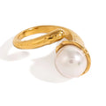 Fashion Simulated Pearl Open Ring Exquisite Stainless Steel Hammer Pattern Adjustable Ring for Women Gold Plated Jewelry Gift
