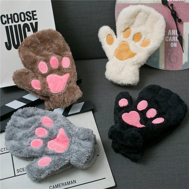 MIO Womens Cartoon Full-Finger and Fingerless Thicken Mittens Winter Warm Soft Plush Cat Gloves Girls Cute Cat Claw Paw Gloves