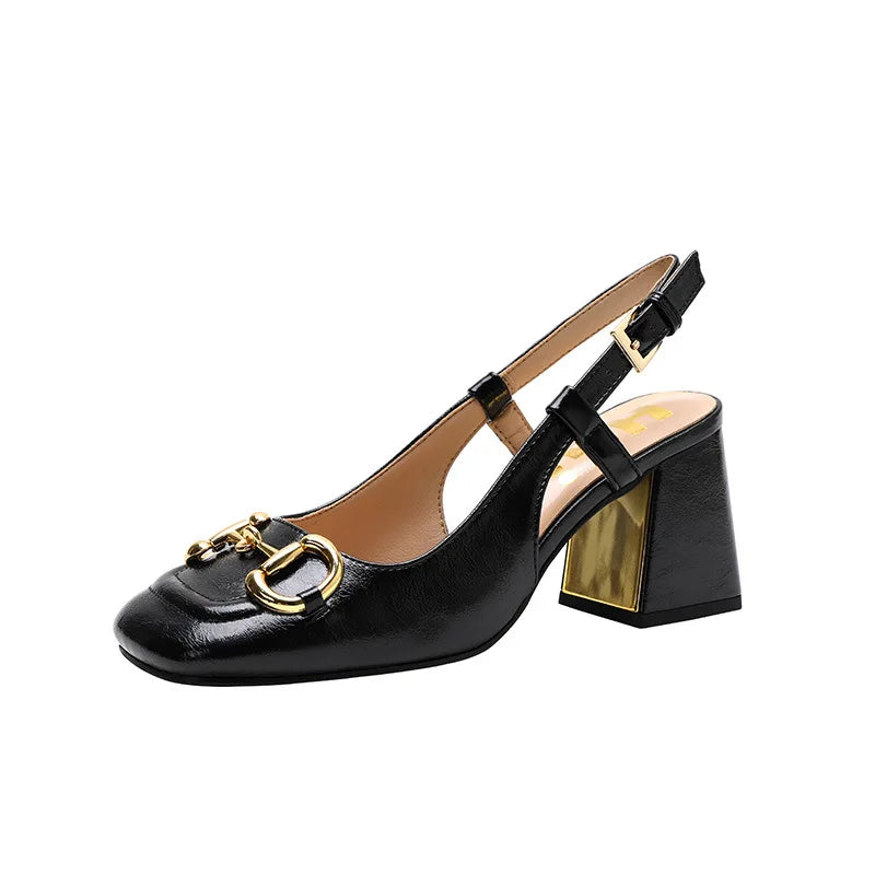 New Vintage Horsebit High Heels Mary Jane Back air Fashion Sandals Women's square Toe Thick Heels