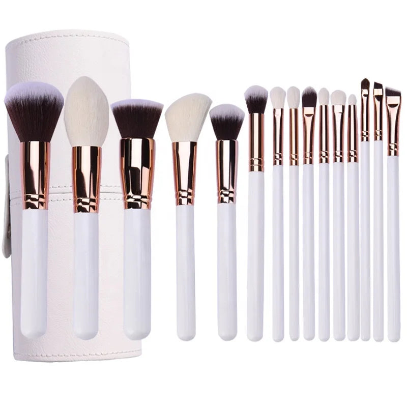 DAHUI China Wholesale 15 Pcs White and Gold Elegant Wood Handle Soft Vegan Synthetic Hair Professional Custom Make up Brush Set