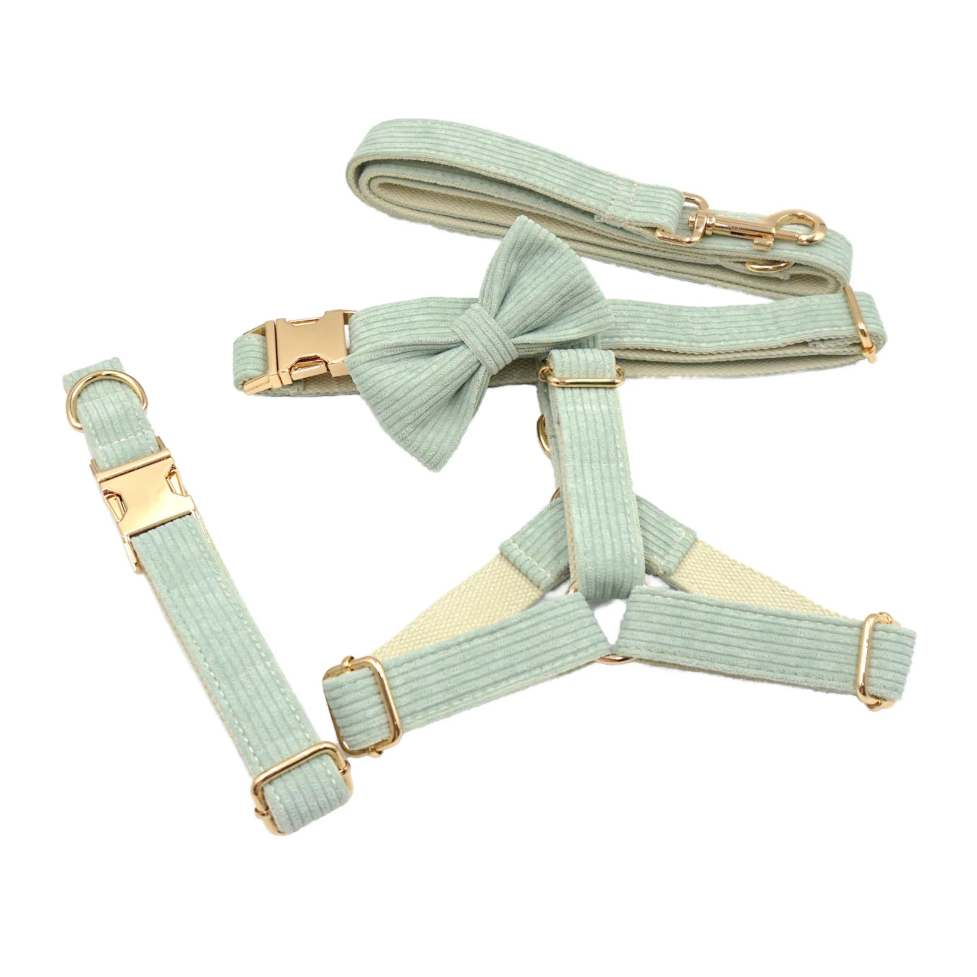 2025 Simple Luxury Gold Metal Buckle Dog Collar Harness Leash Set Light Green Mint H Corduroy Fashionable Webbing Premium Giant