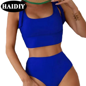 OEM Sexy Solid Sport Halter Backless Two Piece Bikini Beachwear Halter Swimsuit Custom Women Swimwear Bikini Set High Waist 2024