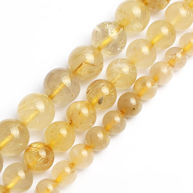 Golden Rutilated Quartz round Beads 4/6/8/10/12MM Semi-Precious Natural Stone for Jewelry Making Bracelets