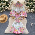 LW0725 Ladies' Style Suit Printed Shirt With Stand-Up Collar and Lantern Sleeves Wide Leg Shorts Two-Piece Suit Women'S