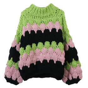Loose Design Oversize Striped Hand Knit Thick Winter Sweater Women