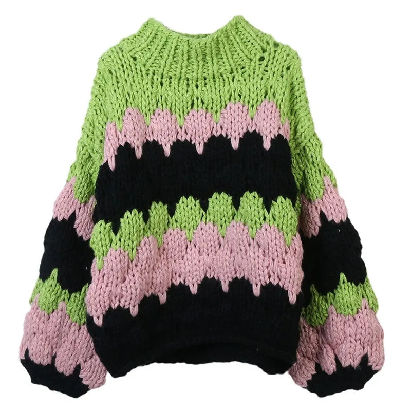 Loose Design Oversize Striped Hand Knit Thick Winter Sweater Women