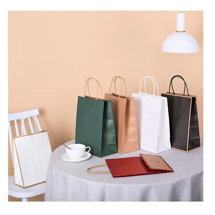 Luxury Brown Kraft Paper Bags Handle for Clothing Packaging Retail Merchandise Party Shopping Offset Printing Logo Ribbon