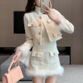 New Autumn and Winter Women's White Round Neck Long Sleeved Short Jacket High Waisted Short Skirt Set