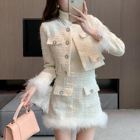 New Autumn and Winter Women's White Round Neck Long Sleeved Short Jacket High Waisted Short Skirt Set