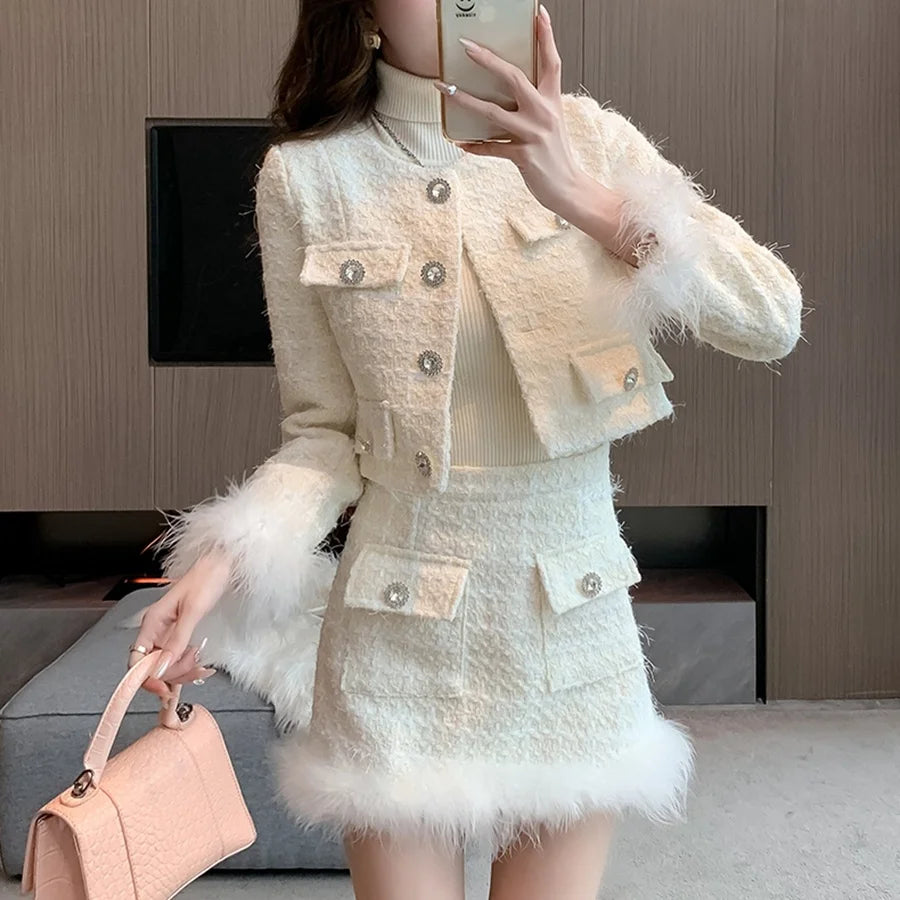 New Autumn and Winter Women's White Round Neck Long Sleeved Short Jacket High Waisted Short Skirt Set