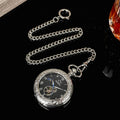 BOSHIYA Mystical Black Dial Mechanical Skeleton Pocket Watch Transparent Hunter Blue Roman Numerals Display Hand Winding