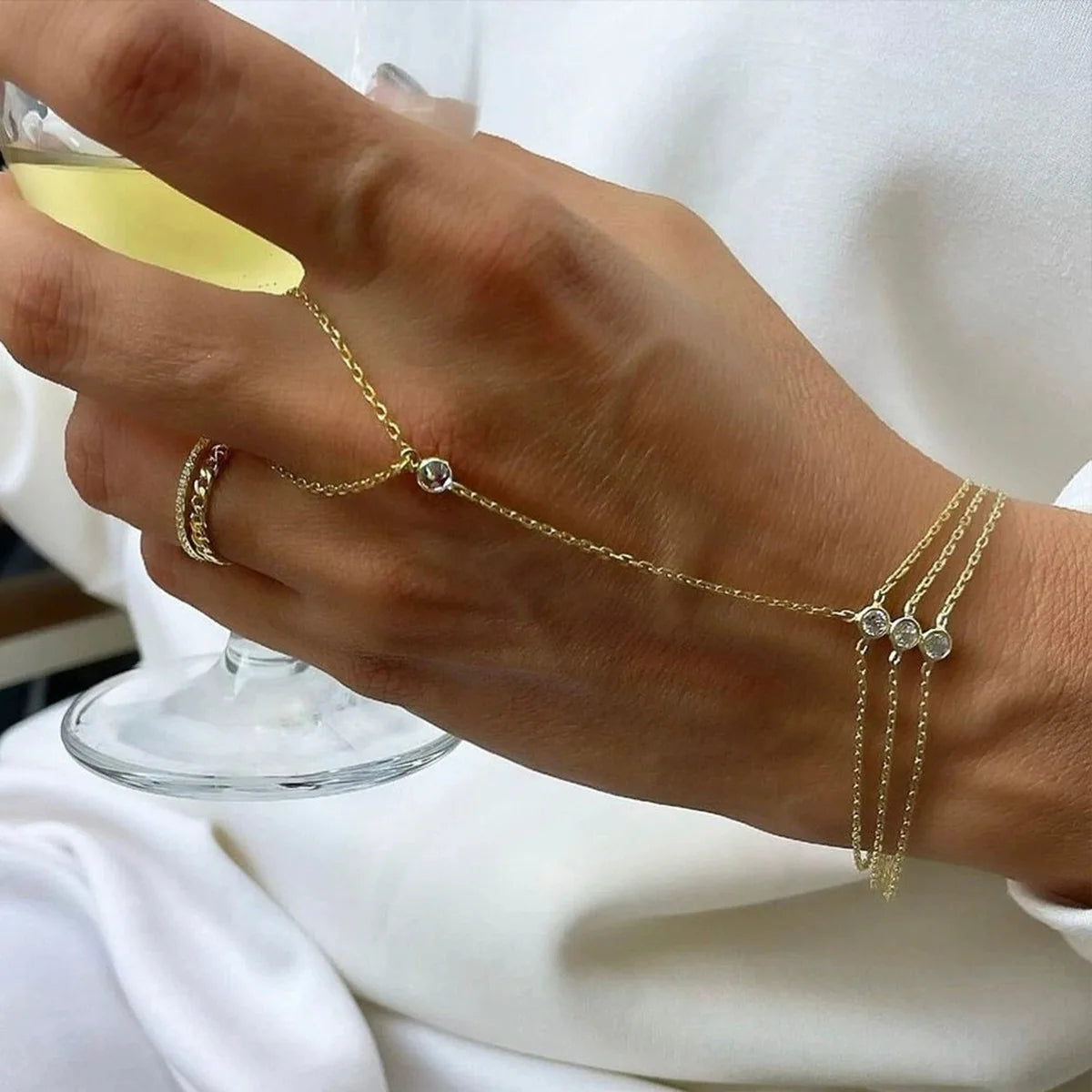 High-End Stainless Steel Dainty Fashion Style Bracelet Ring Geometric Hand Chain Tassel Zircon Stone Trendy Jewelry for Women