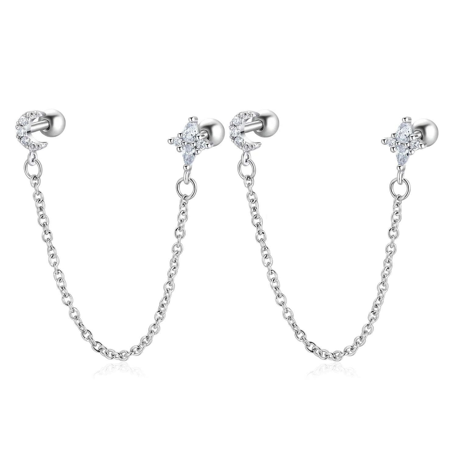 16G Stainless Steel Chain Stud Earrings Cubic Zirconia Cartilage Ear Bone Piercing Earring Studs Double CZ Screw Back Earrings