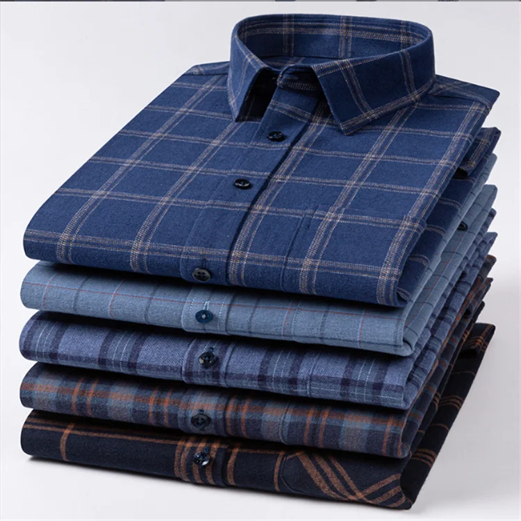 Wholesale Autumn New 100% Cotton Shirt Men's Plaid Shirt Long Sleeve Dark Men's Stand Collar Shirt
