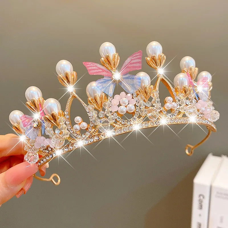 Girls Birthday Tiaras for Hair Accessories Babies and Children Pearl butterfly Shape Baking Cake Topper Crown