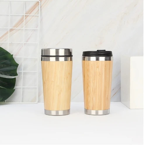 New Style 450ml Stainless Steel Mugs with Plastic Lid Inside Stainless Out Side Bamboo Accept logo Custom