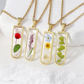 Real Flower Necklace Colorful Preserved Forget Me Not Resin Gold Foil Floral Bar Pendant Jewelry Gift for Women