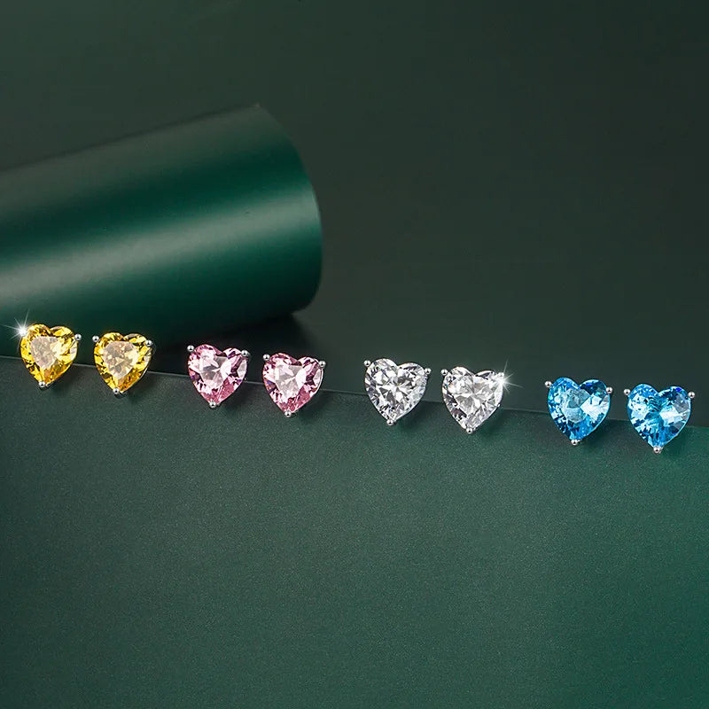 Simple Design Sweet Brass Silver Plated Love Heart Gem Stone Earrings 10mm Cubic Zirconia Heart Shape Stud Earrings for Women