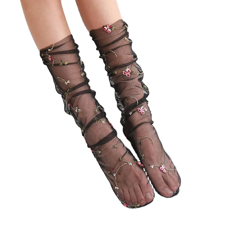 Women's Floral Mesh Black Lace Socks Summer Transparency Crystal Ankle Fishnet Mesh Socks for Daily Use