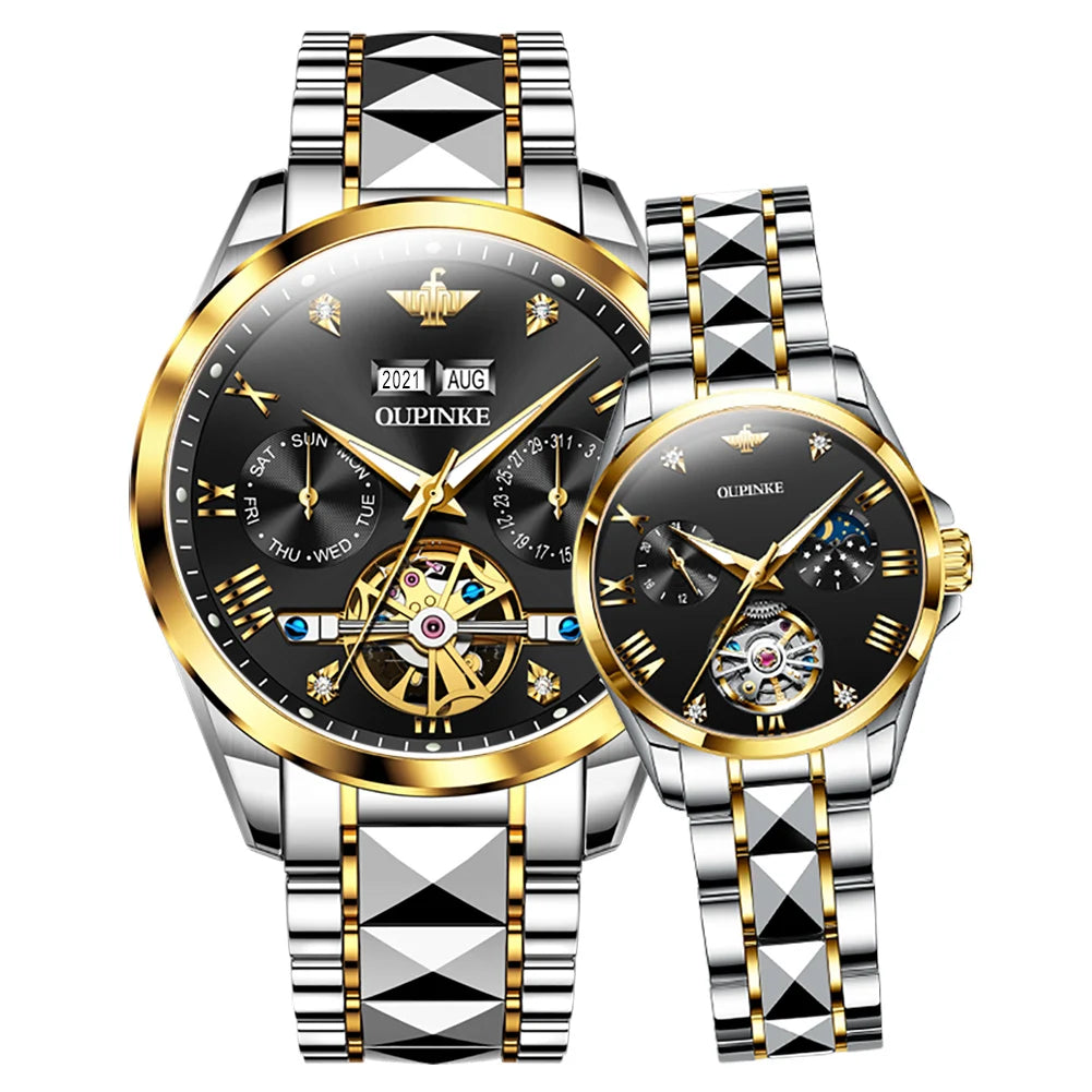 Oupinke 3186 High-quality Custom logo Watch Stainless Steel Sapphire Skeleton Tourbillon Watch Automatic Mechanical Couple Watch