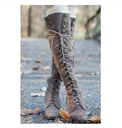 Fashion Women Brown Long Tube Rivets Winter Boot Platform Knee High Thigh High Lace up Boot