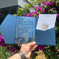 Navy Blue and Silver Luxury Elegant TriFold Velvet Envelope Quinceanera Party Acrylic Wedding Invitations Cards