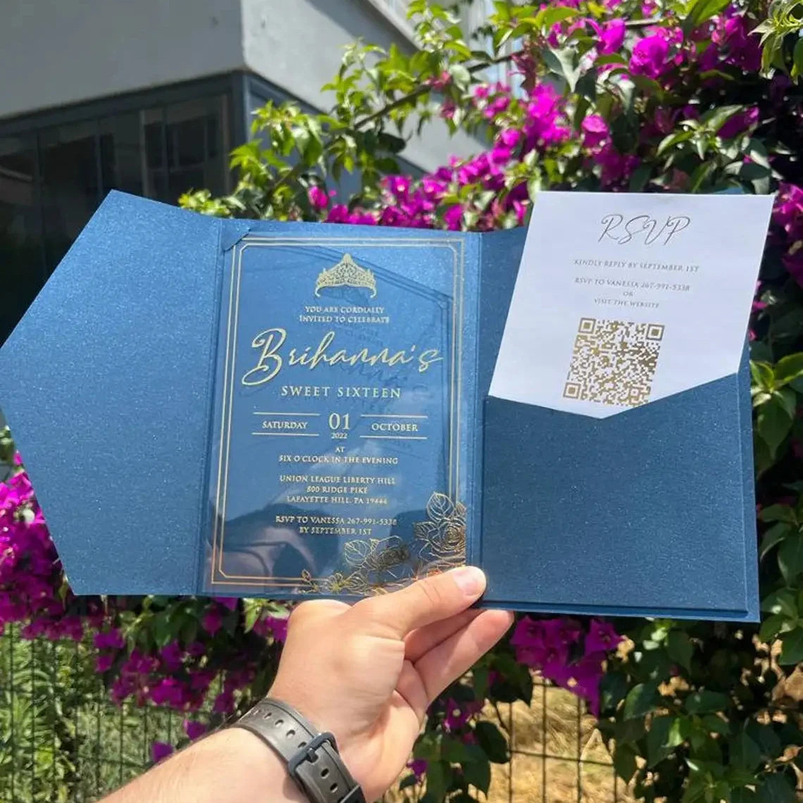 Navy Blue and Silver Luxury Elegant TriFold Velvet Envelope Quinceanera Party Acrylic Wedding Invitations Cards