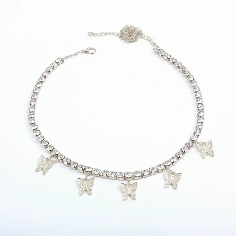 New Design Women Hips Hops Bling Rhinestone Crystal Butterfly Tennis Chain Necklace