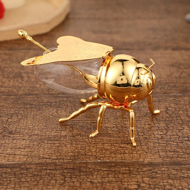 High End Kitchen Seasoning Jar Metal Crafts European Classical Style Bee Shaped Honey Cup Golden Sugar Cup with Spoon