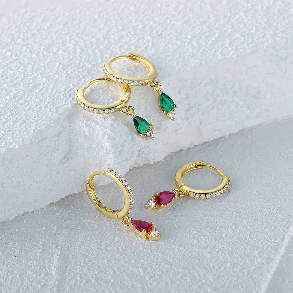 Fashion Jewelry 925 Sterling Silver Earring Colored Water Drop Diamond Green Rose Red Zircon Gold Plated Hoop Earrings for Women