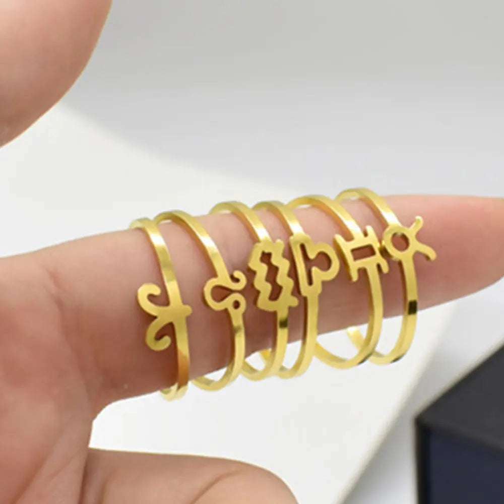 Fashion Stainless Steel Gold Silver Plated Adjustable Zodiac Sign Finger Ring