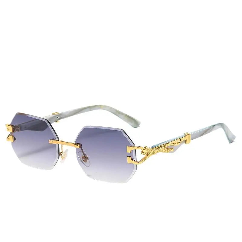 Hot Selling Retro Rimless Cheetah Decorated Sunglasses for Men Good Quantity White Pink Champagne Made Alloy Personalized Sun