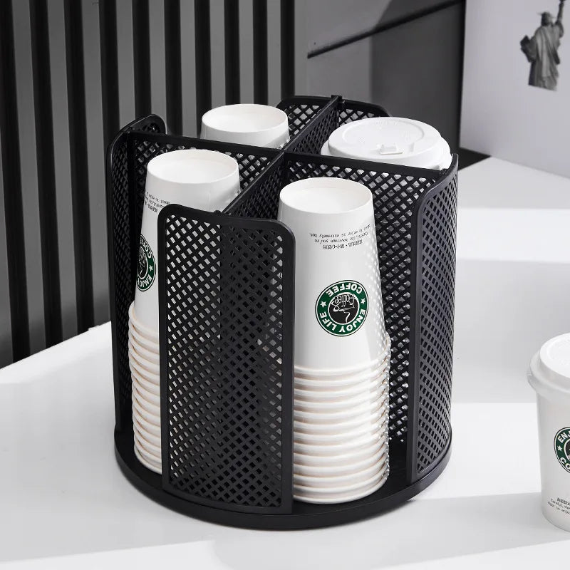4 Compartment Rotation Coffee Cup Dispenser Storage Organizer Paper Cup and Lid Holder