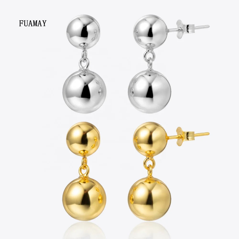 FUAMAY 18K Gold Plated round Ball Linear Earrings 8mm 10mm Huggie Huggie D'oreille Bijoux for Party Gift with Quartz Main Stone