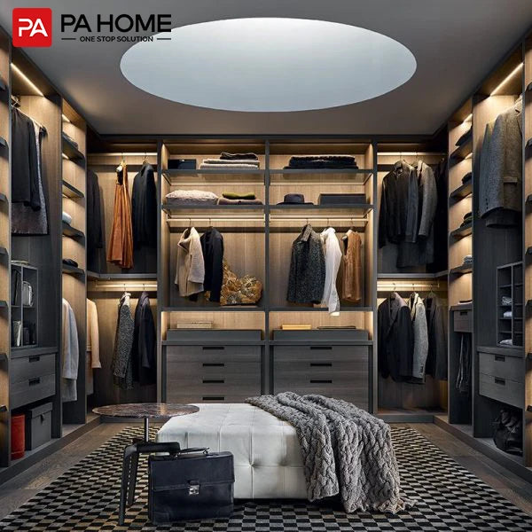 PA Foshan Modern Designs U Shape Custom Wood Melamine Wardrobe Bedroom Furniture Walk in Closet With Vanity